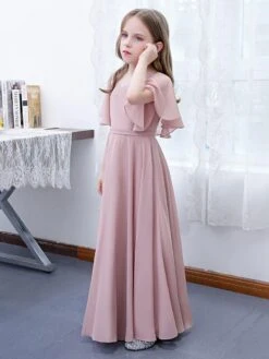 Lotus Pink Flower Girl Dress Chiffon Ruffles V-Neck Short Sleeves Kids Birthday Party Dresses -AYA Cosplay Shop 202204201453355033556