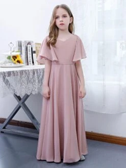 Lotus Pink Flower Girl Dress Chiffon Ruffles V-Neck Short Sleeves Kids Birthday Party Dresses