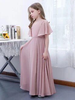 Lotus Pink Flower Girl Dress Chiffon Ruffles V-Neck Short Sleeves Kids Birthday Party Dresses -AYA Cosplay Shop 202204201453364825230