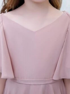 Lotus Pink Flower Girl Dress Chiffon Ruffles V-Neck Short Sleeves Kids Birthday Party Dresses -AYA Cosplay Shop 202204201453368297846
