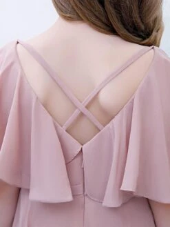 Lotus Pink Flower Girl Dress Chiffon Ruffles V-Neck Short Sleeves Kids Birthday Party Dresses -AYA Cosplay Shop 202204201453371682748