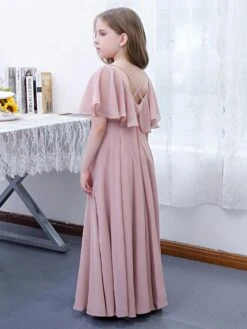 Lotus Pink Flower Girl Dress Chiffon Ruffles V-Neck Short Sleeves Kids Birthday Party Dresses -AYA Cosplay Shop 20220420145337466957