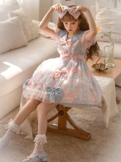 Sweet Lolita Dress Cute Doll Collar Print Bows Lolita OP Dress -AYA Cosplay Shop 202204211734478343550