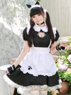 Cute Lolita Dress 4-Piece Set Cosplay Maid Catwoman Open Chest Lolita OP Dress