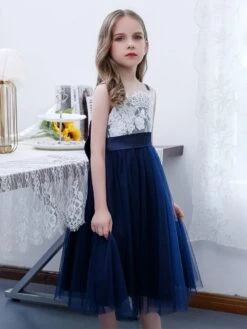 Dark Navy Flower Girl Dress Chiffon Lace Square Neck Sleeveless Kids Birthday Party Dresses -AYA Cosplay Shop 202204211735080061495