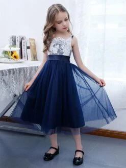 Dark Navy Flower Girl Dress Chiffon Lace Square Neck Sleeveless Kids Birthday Party Dresses -AYA Cosplay Shop 202204211735092185776