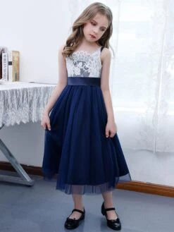 Dark Navy Flower Girl Dress Chiffon Lace Square Neck Sleeveless Kids Birthday Party Dresses -AYA Cosplay Shop 202204211735095664585