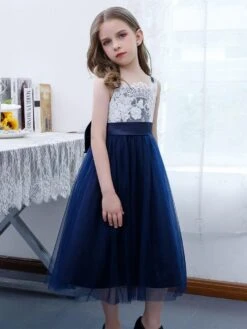 Dark Navy Flower Girl Dress Chiffon Lace Square Neck Sleeveless Kids Birthday Party Dresses