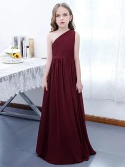 Burgundy Flower Girl Dress Chiffon Pleated One-Shoulder Sleeveless Kids Birthday Party Dresses