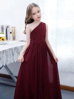 Burgundy Flower Girl Dress Chiffon Pleated One-Shoulder Sleeveless Kids Birthday Party Dresses -AYA Cosplay Shop 202204211735444528160