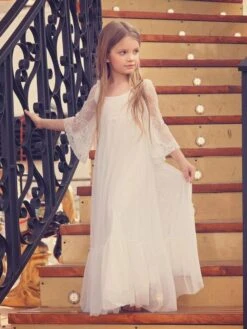 Ivory Flower Girl Dress Lace Bows Jewel Neck 3/4 Length Sleeves Kids Birthday Party Dresses -AYA Cosplay Shop 202204221752525551112