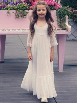 Ivory Flower Girl Dress Lace Bows Jewel Neck 3/4 Length Sleeves Kids Birthday Party Dresses