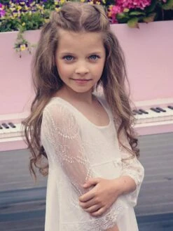 Ivory Flower Girl Dress Lace Bows Jewel Neck 3/4 Length Sleeves Kids Birthday Party Dresses -AYA Cosplay Shop 202204221752535242647