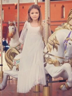 Ivory Flower Girl Dress Lace Bows Jewel Neck 3/4 Length Sleeves Kids Birthday Party Dresses -AYA Cosplay Shop 202204221752538393800