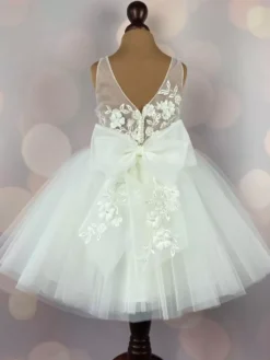 Ivory Flower Girl Dress Lace Bows Jewel Neck Sleeveless Kids Birthday Party Dresses -AYA Cosplay Shop 202204271811490012430
