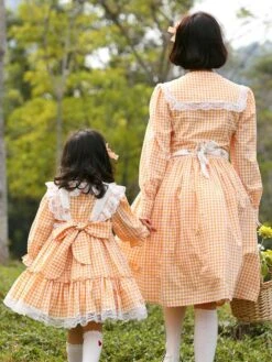 Parent-child Plaid Lolita OP Dress Orange Ruffles Lace Lolita One Piece Dresses -AYA Cosplay Shop 202205121512566816279