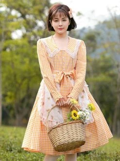 Parent-child Plaid Lolita OP Dress Orange Ruffles Lace Lolita One Piece Dresses -AYA Cosplay Shop 202205121513076266565