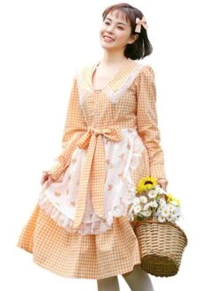 Parent-child Plaid Lolita OP Dress Orange Ruffles Lace Lolita One Piece Dresses -AYA Cosplay Shop 202205121513079729333