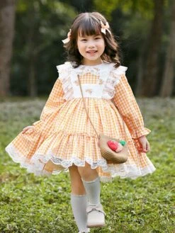 Parent-child Plaid Lolita OP Dress Orange Ruffles Lace Lolita One Piece Dresses -AYA Cosplay Shop 20220512151308301760