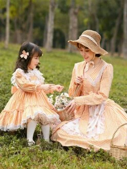 Parent-child Plaid Lolita OP Dress Orange Ruffles Lace Lolita One Piece Dresses -AYA Cosplay Shop 20220512151308655423