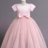 Flower Girl Dress Polyester Tiered Jewel Neck Short Sleeves Soft Pink -AYA Cosplay Shop 202205191947146546107