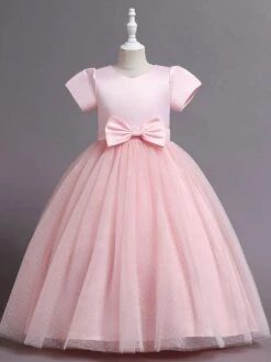 Flower Girl Dress Polyester Tiered Jewel Neck Short Sleeves Soft Pink