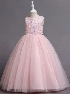 Flower Girl Dress Cotton Blend Tiered Jewel Neck Sleeveless Soft Pink -AYA Cosplay Shop 20220519194717460204