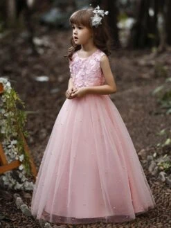 Flower Girl Dress Cotton Blend Tiered Jewel Neck Sleeveless Soft Pink -AYA Cosplay Shop 202205191947181149877