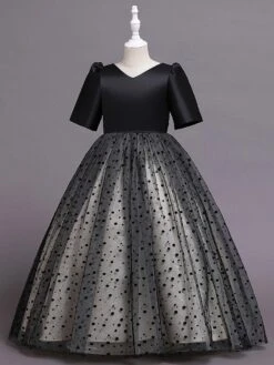 Flower Girl Dress Cotton Blend Tiered V-Neck Short Sleeves Black -AYA Cosplay Shop 202205191947201408882