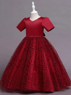 Flower Girl Dress Cotton Blend Tiered V-Neck Short Sleeves Black -AYA Cosplay Shop 202205191947207903727