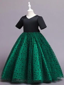 Flower Girl Dress Cotton Blend Tiered V-Neck Short Sleeves Black -AYA Cosplay Shop 202205191947211028724