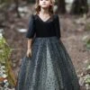 Flower Girl Dress Cotton Blend Tiered V-Neck Short Sleeves Black -AYA Cosplay Shop 202205191947217623571