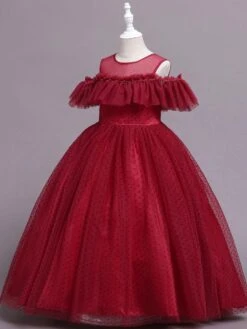 Flower Girl Dress Polyester Ruffles Illusion Neckline Short Sleeves Cameo Pink Kids Birthday Party Dresses -AYA Cosplay Shop 202205191947221309653