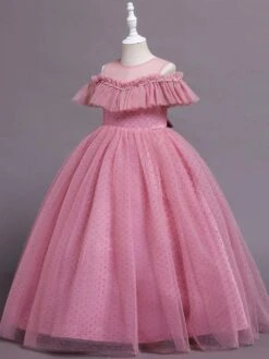 Flower Girl Dress Polyester Ruffles Illusion Neckline Short Sleeves Cameo Pink Kids Birthday Party Dresses -AYA Cosplay Shop 202205191947224543844