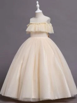 Flower Girl Dress Polyester Ruffles Illusion Neckline Short Sleeves Cameo Pink Kids Birthday Party Dresses -AYA Cosplay Shop 202205191947234077577