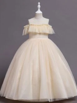 Flower Girl Dress Polyester Ruffles Illusion Neckline Short Sleeves Cameo Pink Kids Birthday Party Dresses -AYA Cosplay Shop 202205191947237185313