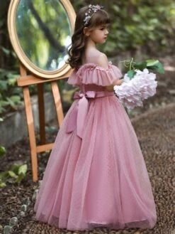 Flower Girl Dress Polyester Ruffles Illusion Neckline Short Sleeves Cameo Pink Kids Birthday Party Dresses -AYA Cosplay Shop 202205191947243559415