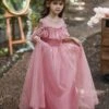Flower Girl Dress Polyester Ruffles Illusion Neckline Short Sleeves Cameo Pink Kids Birthday Party Dresses -AYA Cosplay Shop 202205191947247505621