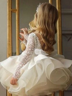 Flower Girl Dress Tulle Beaded Jewel Neck Long Sleeves Champagne Free Customization