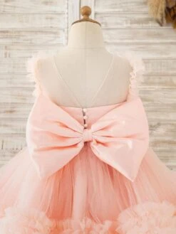 Flower Girl Dress Tulle Pearls Jewel Neck Sleeveless Pink Free Customization -AYA Cosplay Shop 202205191947261934767