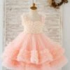 Flower Girl Dress Tulle Pearls Jewel Neck Sleeveless Pink Free Customization -AYA Cosplay Shop 202205191947268487634