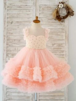 Flower Girl Dress Tulle Pearls Jewel Neck Sleeveless Pink Free Customization