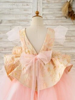 Flower Girl Dress Tulle Bows Jewel Neck Short Sleeves Pink Free Customization -AYA Cosplay Shop 202205191947298788097
