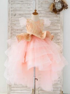 Flower Girl Dress Tulle Bows Jewel Neck Short Sleeves Pink Free Customization