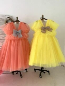 Flower Girl Dress Tulle Bows V-Neck Short Sleeves Yellow Free Customization -AYA Cosplay Shop 202205191947319444362