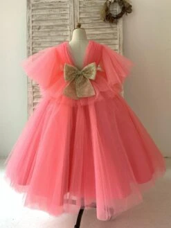 Flower Girl Dress Tulle Bows V-Neck Short Sleeves Yellow Free Customization