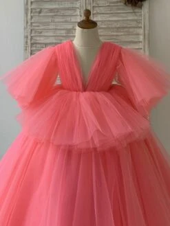 Flower Girl Dress Tulle Bows V-Neck Short Sleeves Yellow Free Customization -AYA Cosplay Shop 202205191947329361367