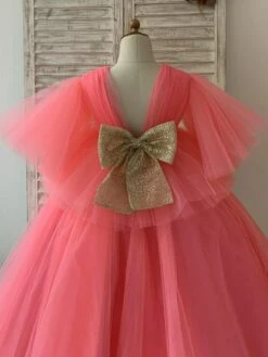 Flower Girl Dress Tulle Bows V-Neck Short Sleeves Yellow Free Customization -AYA Cosplay Shop 202205191947332533901