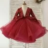 Flower Girl Dress Tulle Bows V-Neck Long Sleeves Burgundy Free Customization -AYA Cosplay Shop 202205191947335844362