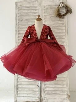 Flower Girl Dress Tulle Bows V-Neck Long Sleeves Burgundy Free Customization